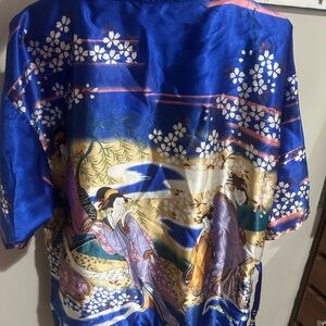 Vibrant Blue Kimono with Geisha Print